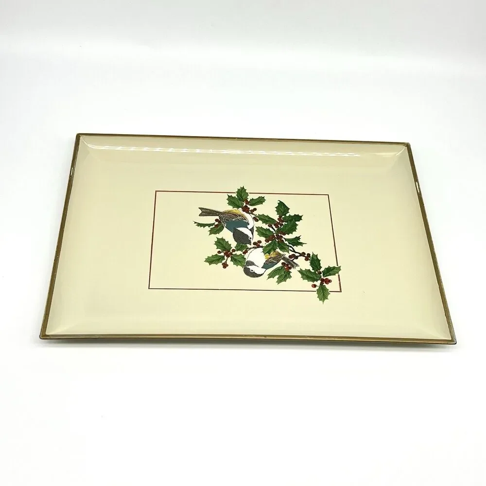 VTG Otagiri Japan Chickadees Lacquerware Serving Tray Holly Bird Christmas Plate